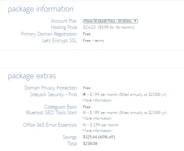 Bluehost hosting package information 