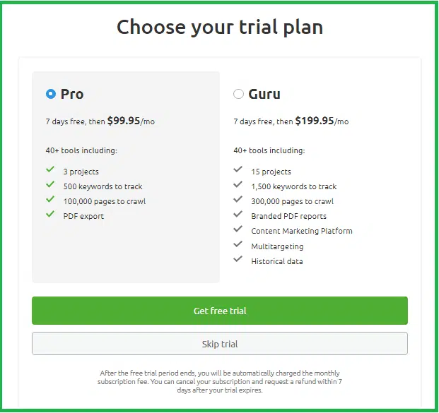 Choose the Semrush free plan for Pro and Guru