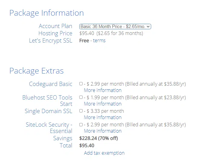 Bluehost package information 