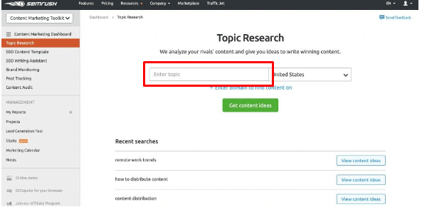 topic research with Semrush content marketing platform 