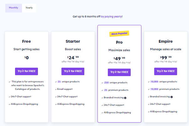 Spocket Pricing: You will get up to 8 months free if billed annually