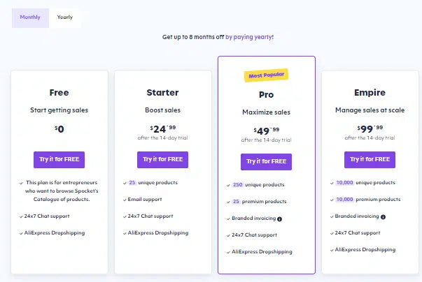 Spocket Pricing: You will get up to 8 months free if billed annually