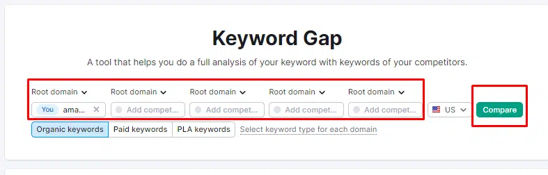 Find Keyword Gap Using Semrush under domain overview
