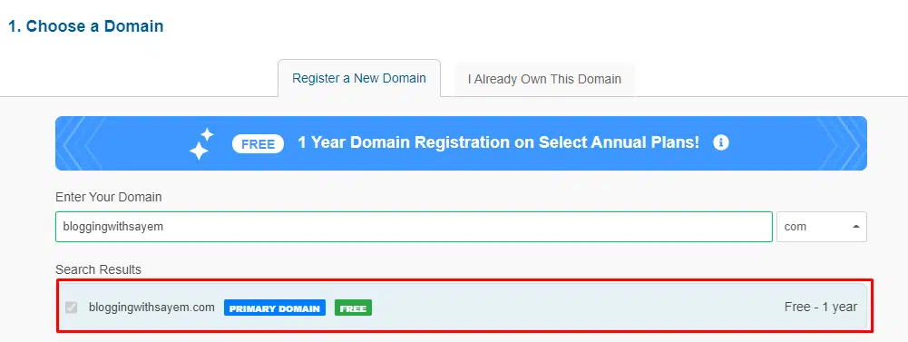 Choose your domain name and subscribe to the yearly plan to get a free domain name 