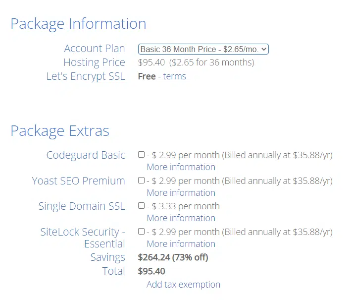Bluehost Package Information: discounted price