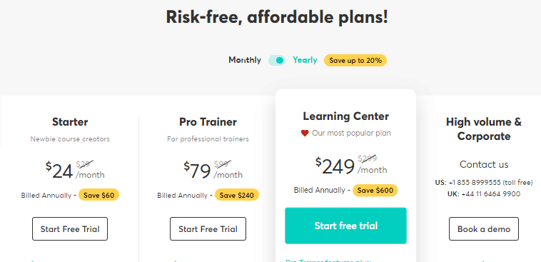 LearnWorlds Pricing Overview with Custom pricing for High volume corporate 