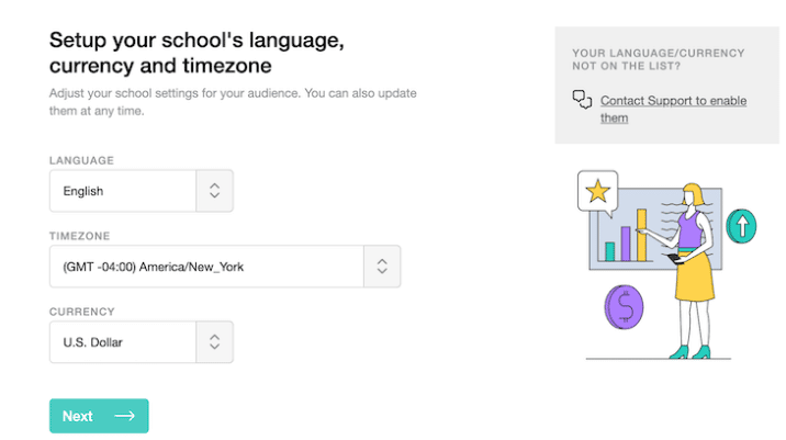 Setup school's language, currency and timezone 