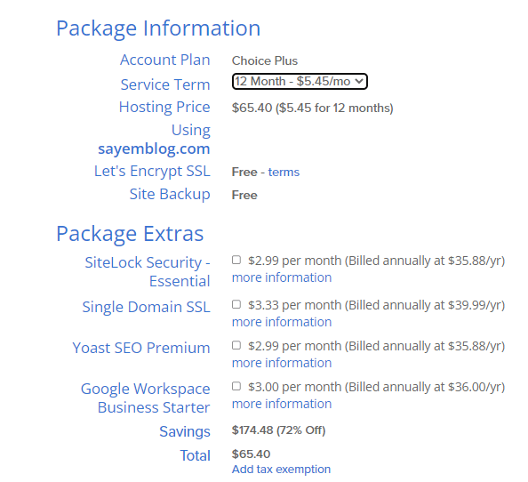 Package Information of shared hosting plan 