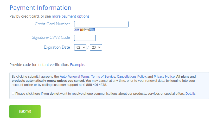 Bluehost Payment Information 
