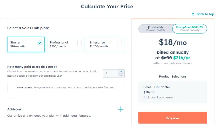 HubSpot Sales Pricing Calculator 