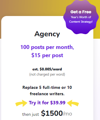 The Agency Plan price of Content At Scale AI Tool 