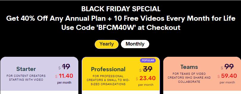 Pictory Black Friday Pricing Plans
