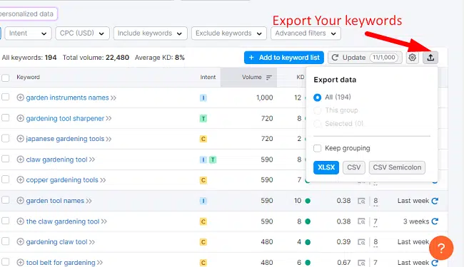 Export Your Keywords