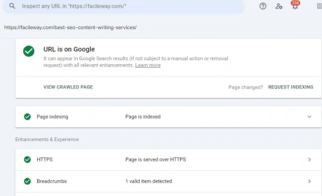 Google Inspection any URL tool