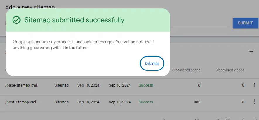 Sitemap submitted successfully