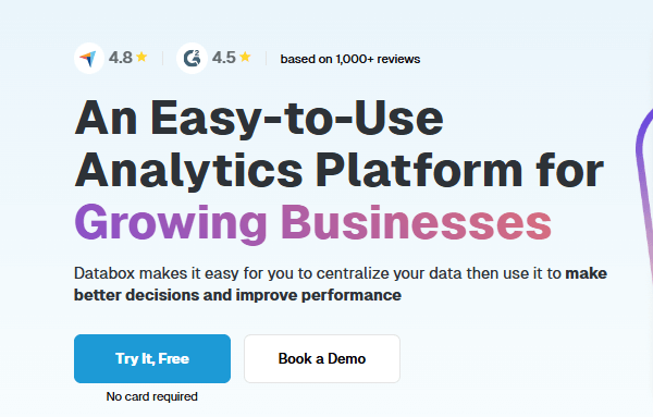 This Databox image featuring how it helps to grow businesses with free trial