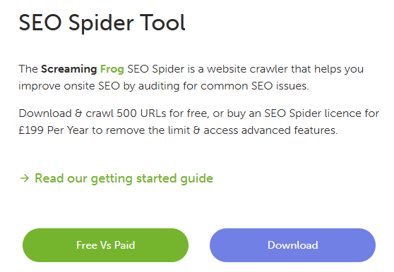 Image showing the features of ScreamingFrog SEO tool.