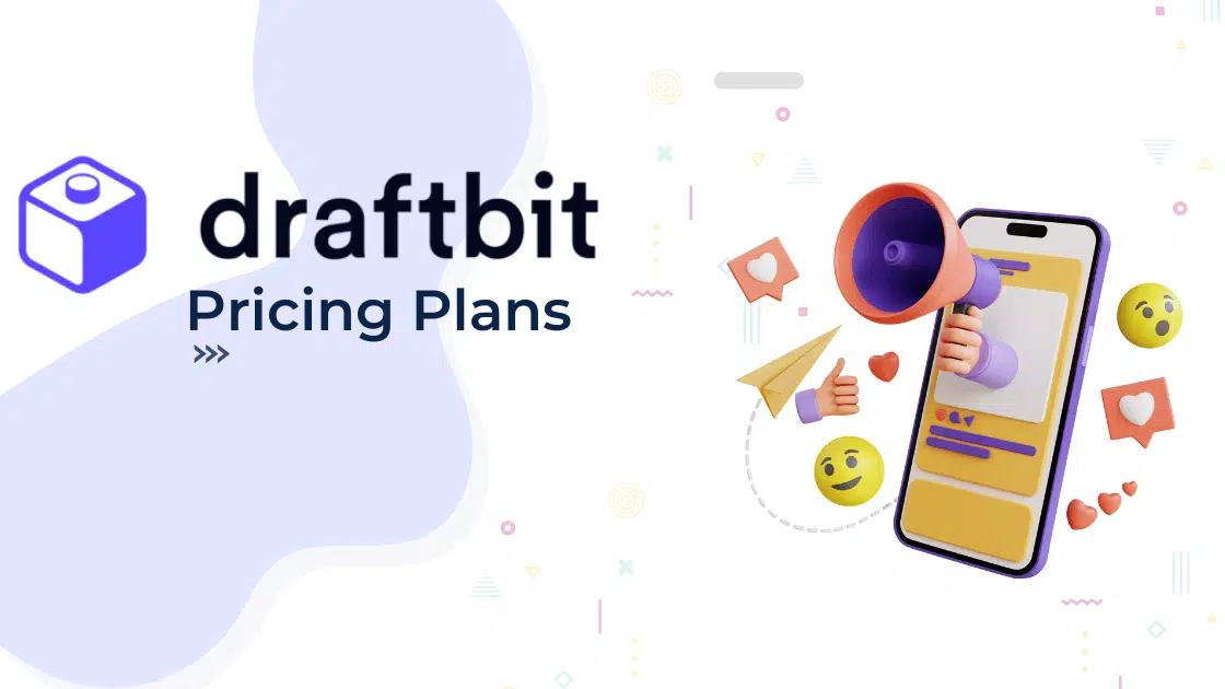 Draftbit pricing plans image with logo and mobile app elements, showcasing no-code app builder features for iOS and Android development.
