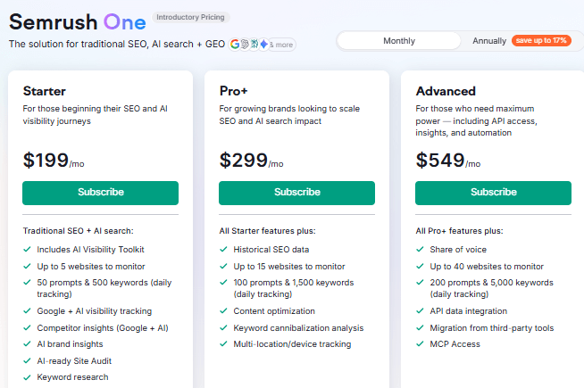 Semrush One premium pricing plans