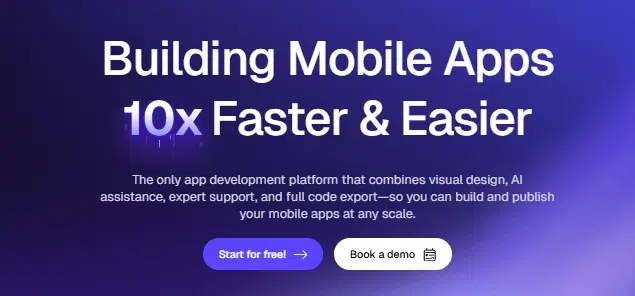 Draftbit on promotional banner highlighting faster mobile app development with visual design, AI assistance, expert support, and full code export. Includes call-to-action buttons: Start for free and Book a demo.