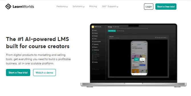 LearnWorlds homepage hero section featuring their tagline 'The #1 AI-powered LMS built for course creators' with descriptive text below reading 'From digital products to marketing and selling tools, get everything you need to build a profitable business, all in one scalable platform.' Two call-to-action buttons labeled 'Start a free trial' and 'Watch a demo' are prominently displayed. A laptop mockup showing the LearnWorlds platform interface with a mobile phone screen preview is positioned on the right side of the layout