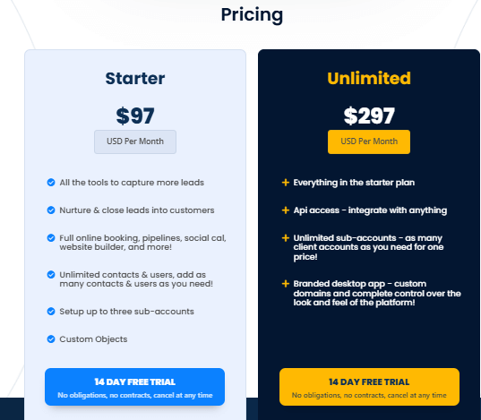 GoHighLevel Pricing plans