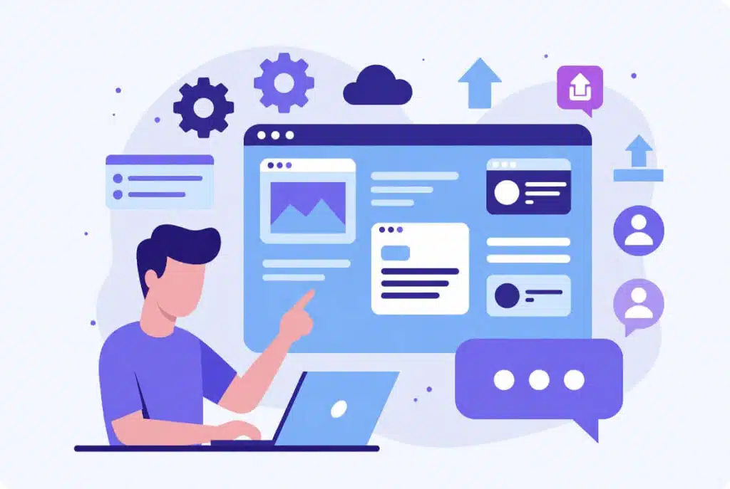 Flat vector illustration of a coach building an online coaching platform, working on a laptop with floating UI elements, dashboards, mobile screens, gears, cloud, and chat icons in blue and purple tones.