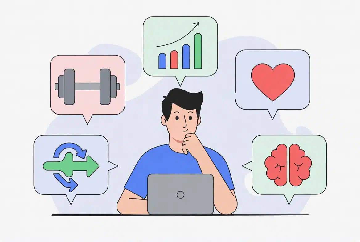 A thoughtful young man sitting at a desk with a laptop, surrounded by colorful speech bubble icons representing different coaching niches: a dumbbell for fitness, a rising bar chart for business, a red heart for health, a human brain for mindset, and circular arrows for growth or transformation. Clean flat vector illustration in modern pastel colors, perfect for choosing a coaching niche