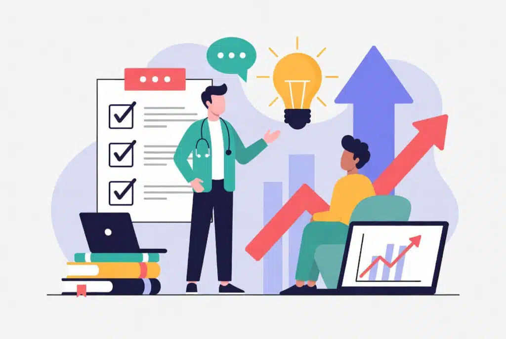 Vector illustration of a coach guiding a client with symbols of learning, communication, and personal growth