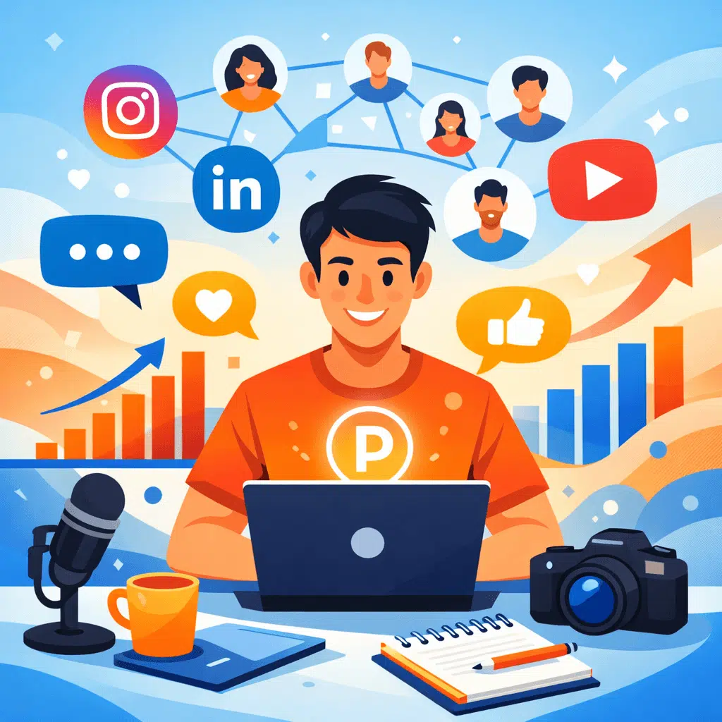 A vibrant flat-style illustration of a person building their personal brand on a laptop. Social media icons like Instagram, LinkedIn, and YouTube float around them, connected to follower avatars. Visual elements include a rising bar chart, a glowing personal logo on the shirt, a microphone, camera, notepad, and speech bubbles showing engagement. The background features colorful abstract shapes, symbolizing growth, creativity, and online influence.