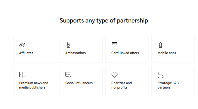 Impact.com partnership types supported including affiliates, ambassadors, card-linked offers, mobile apps, premium news and media publishers, social influencers, charities and nonprofits, and strategic B2B partners