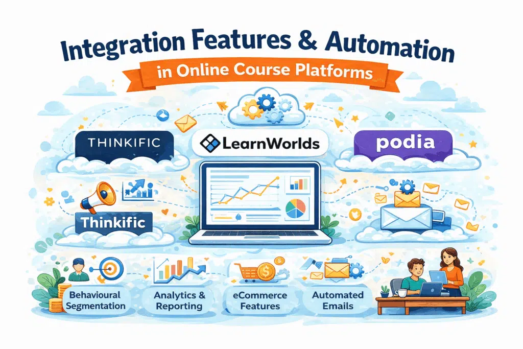 Colorful illustration showing integration features and automation tools in online course platforms. The banner highlights platforms like Thinkific, LearnWorlds, and Podia connected to features such as behavioural segmentation, analytics and reporting, eCommerce tools, and automated email campaigns. A central laptop dashboard displays growth charts and marketing data, while icons for automation, email marketing, and customer journeys illustrate how learning platforms support scalable course businesses.