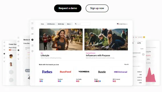 Impact affiliate marketing platform dashboard showcasing influencer campaigns, brand partnerships including Forbes, BuzzFeed, VoxMedia, Rustle, and NBC Universal, with user interface elements for demo request and sign-up buttons