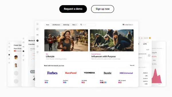 Impact.com affiliate management dashboard screenshot featuring lifestyle and influencer campaigns with logos of Forbes, BuzzFeed, Vox Media, Bustle, and NBCUniversal