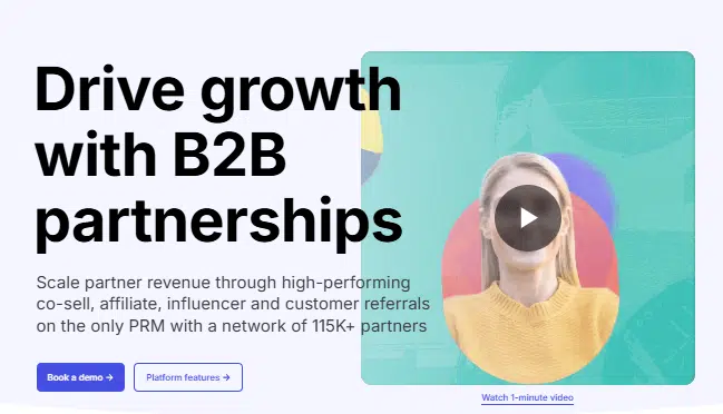 PartnerStack affiliate management software promotional text stating 'All-in-One Affiliate Management Software for SaaS' with a blue button for a 14-day free trial