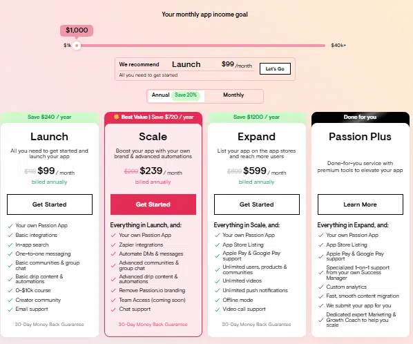 Passion.io pricing plans comparison chart showing four options: Launch at $99/month billed annually, Scale at $239/month billed annually, Expand at $599/month billed annually, and Passion Plus as a custom done-for-you plan. Features include app creation, integrations, automations, community tools, App Store and Google Play support, push notifications, offline mode, video calls, and dedicated success coaching.