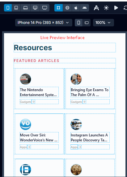 Mobile preview of a resource list screen showing featured articles with images, titles, and categories on an iPhone 14 Pro display.