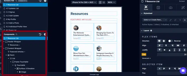 App builder interface showing the resource list screen structure with components panel highlighted, including header wrapper, content wrapper, and featured articles layout.