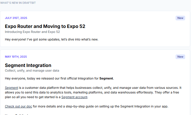 July 31, 2026: Expo Router and Expo 52 update; May 19, 2026: Segment Integration launched for managing user data
