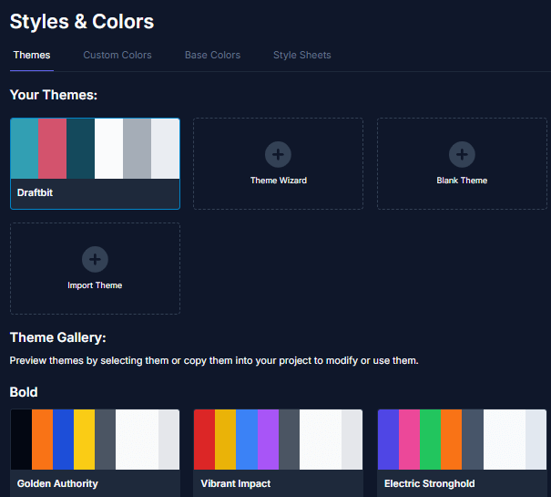 Draftbit Styles & Colors editor displaying custom themes, base color settings, and theme gallery options like Bold, Golden Authority, Vibrant Impact, and Electric Stronghold.