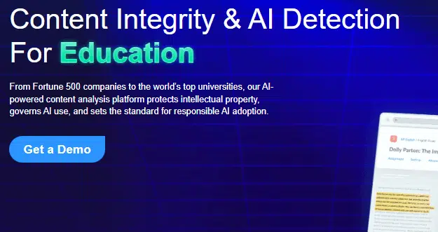 Screenshot of the CopyLeaks website section titled “Content Integrity & AI Detection for Education.” The text explains that CopyLeaks’ AI-powered content analysis platform protects intellectual property, governs AI use, and promotes responsible AI adoption. A blue “Get a Demo” button appears on the left side, with a partial image of a web page on the right
