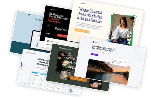 Collection of modern website templates displayed in a layered layout, showcasing a drag-and-drop page builder for creating landing pages and websites