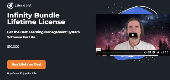 LifterLMS Infinity Bundle Lifetime License page showing a $10,000 lifetime deal offer with a Buy Lifetime Deal button and an embedded video of a presenter