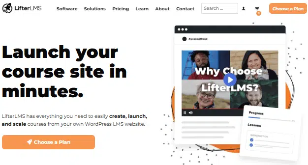LifterLMS homepage banner highlighting โLaunch your course site in minutesโ with a Choose a Plan button and a video thumbnail titled Why Choose LifterLMS?